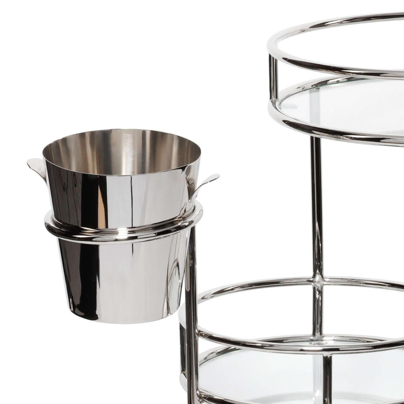 Close-up of the Paradise Cove Bar Cart featuring a sleek stainless steel bucket and glass shelves.
