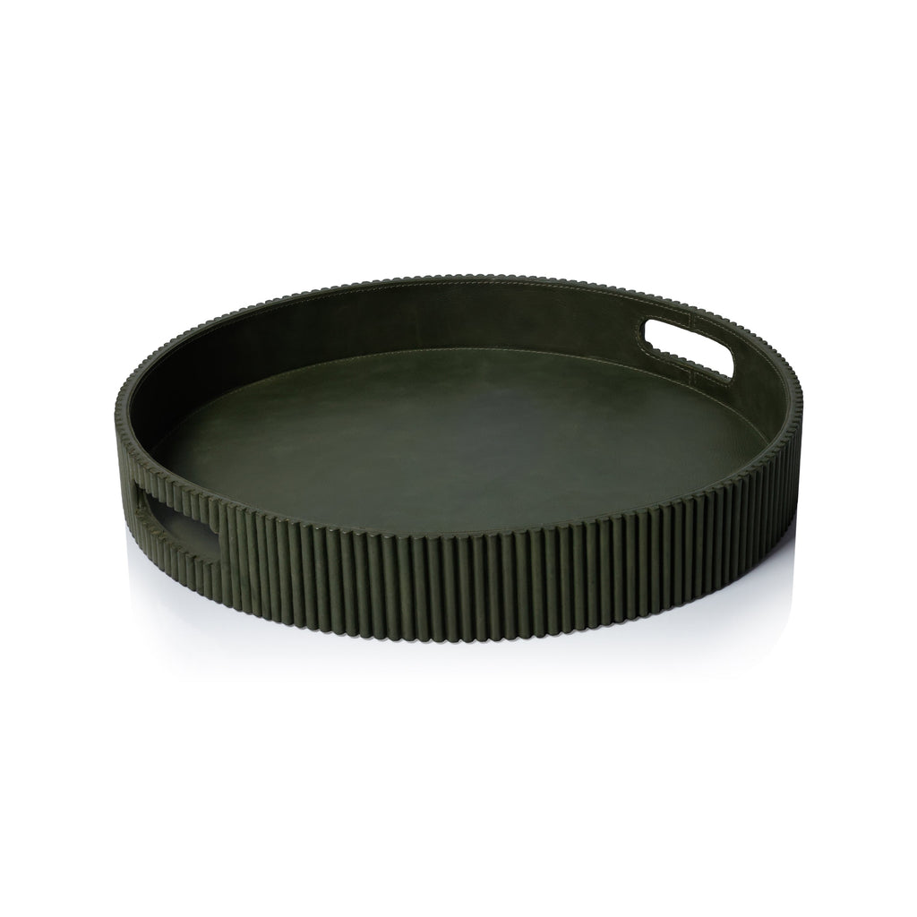 Round Fluted Leather Tray - Green - Trays by Carlyle Avenue