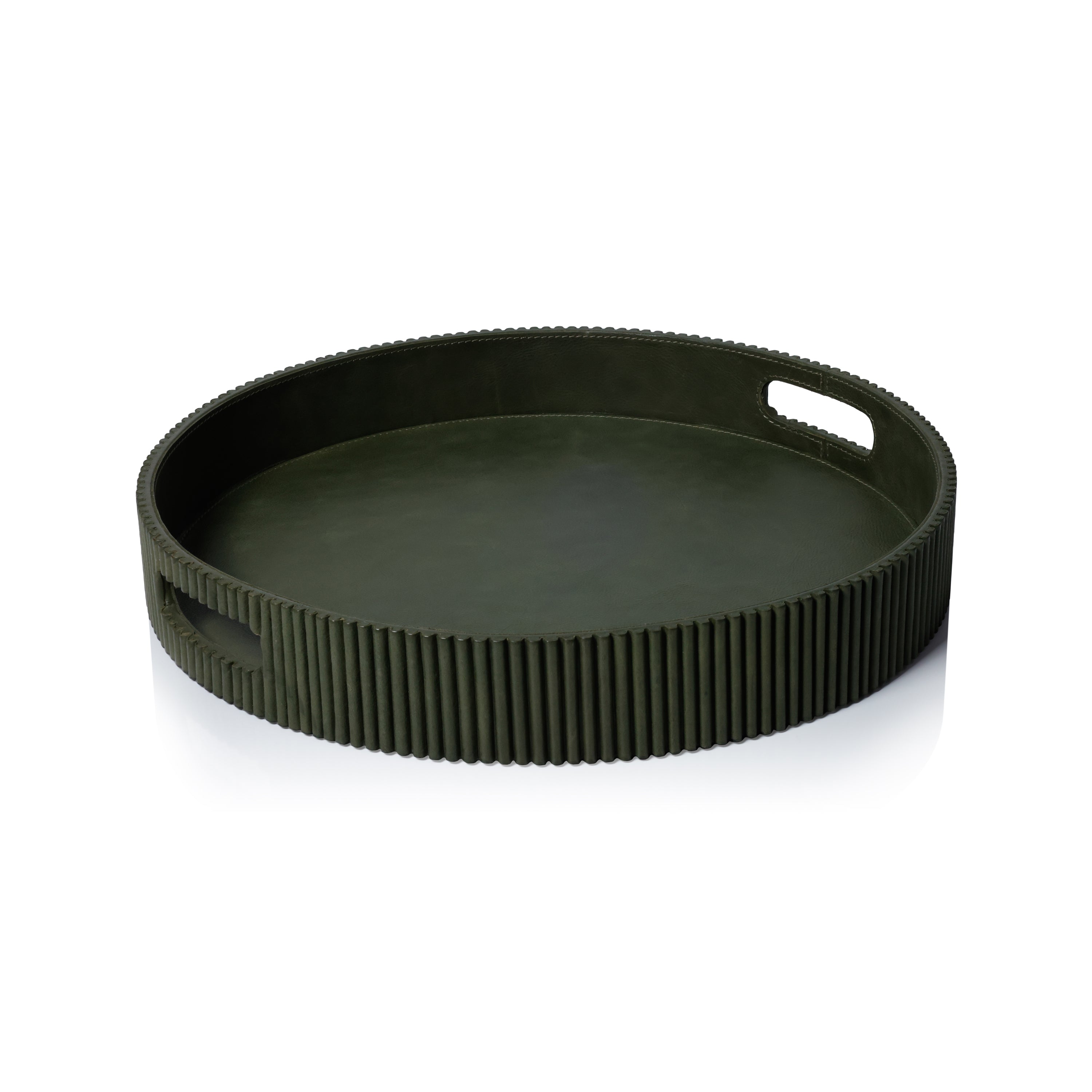 Round Fluted Leather Tray - Green - Trays by Carlyle Avenue