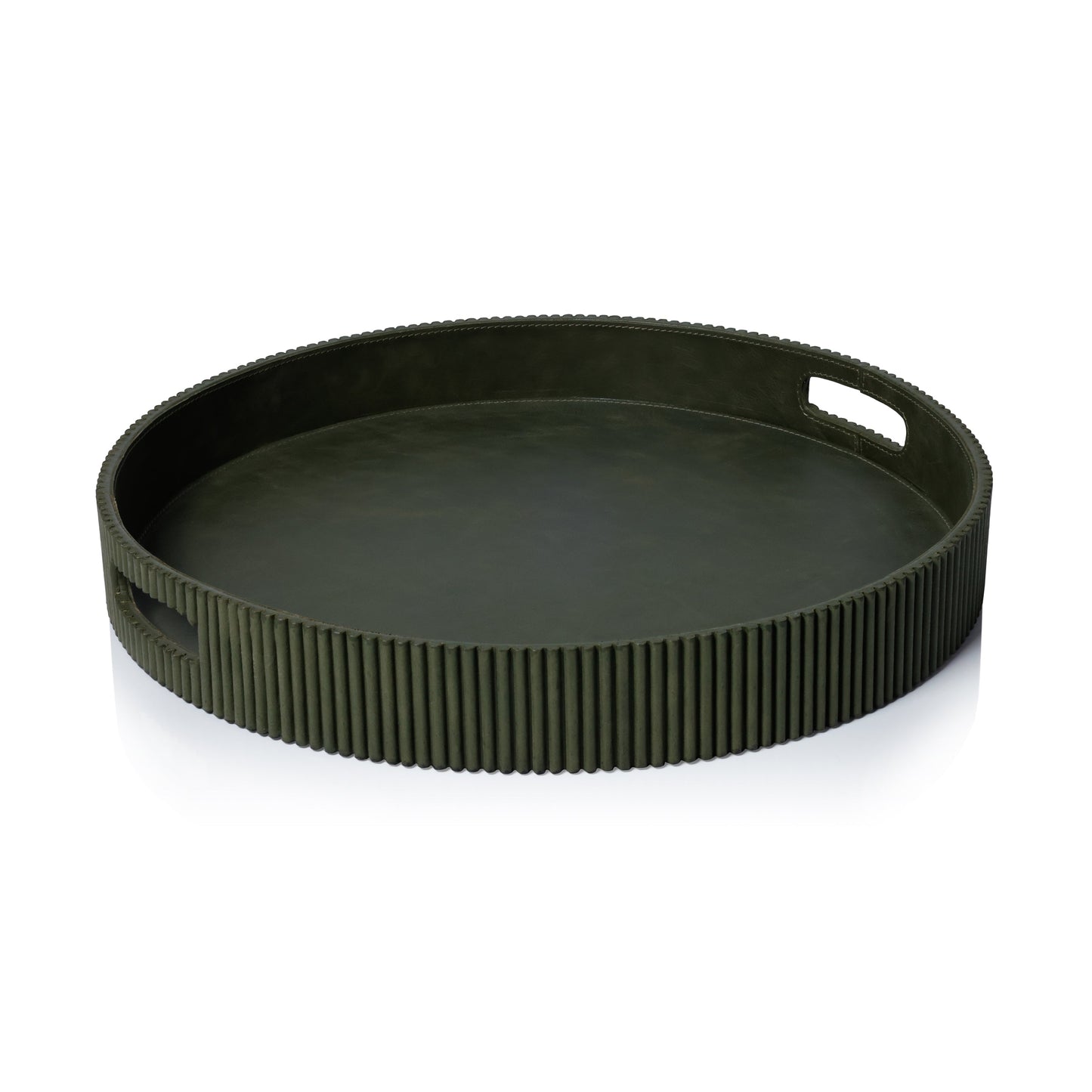 Round Fluted Leather Tray, Green- 20"