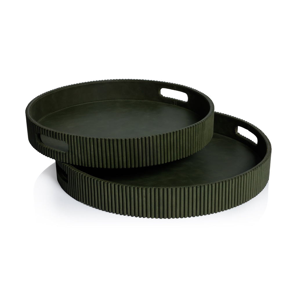 Round Fluted Leather Tray - Green - Trays by Carlyle Avenue