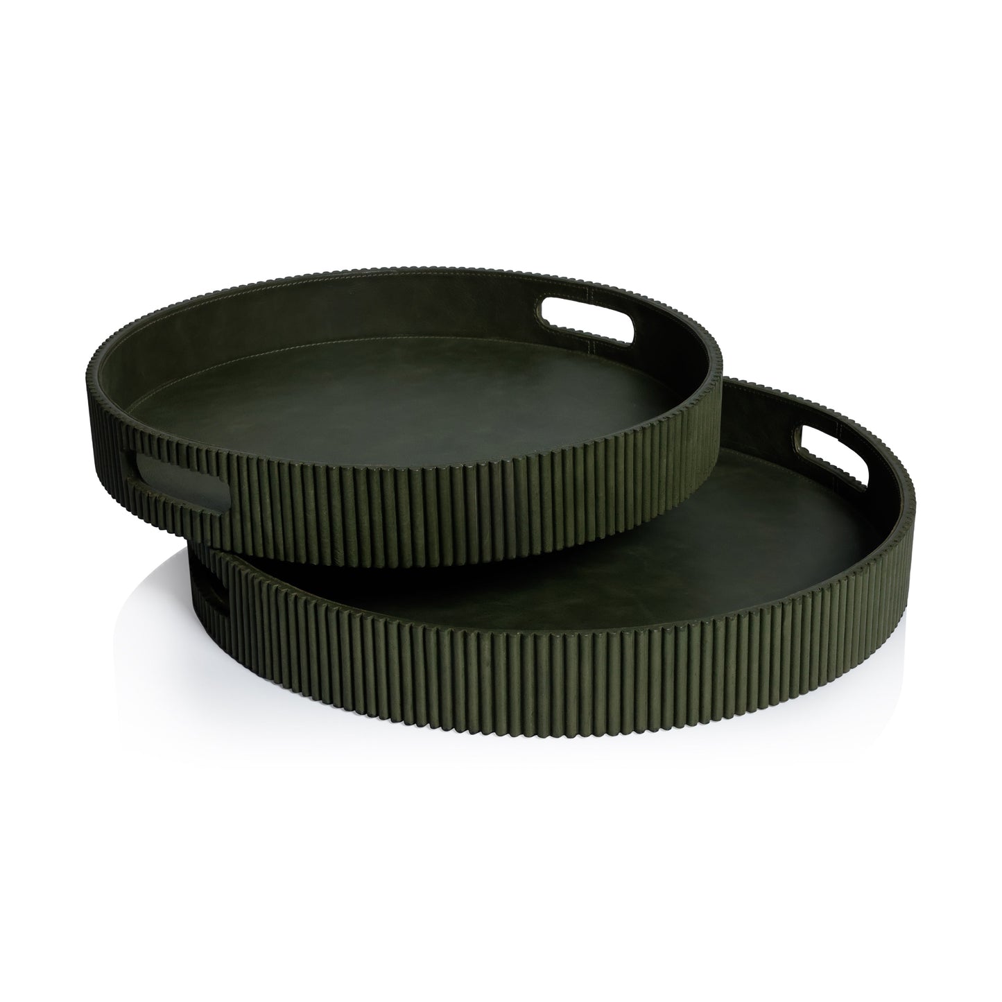 Round Fluted Leather Tray, Green- 20"