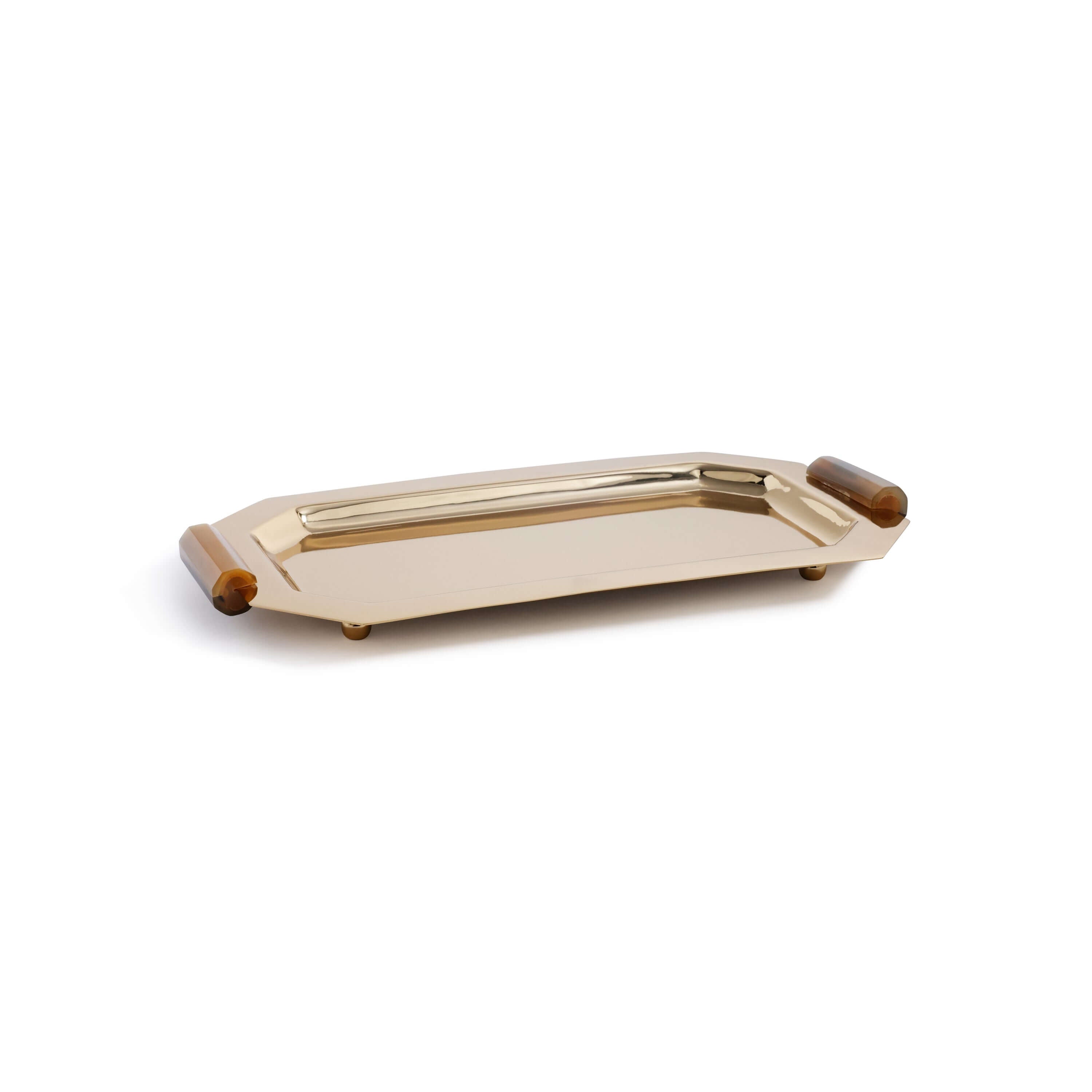 Gold tray with brown handles on a white background