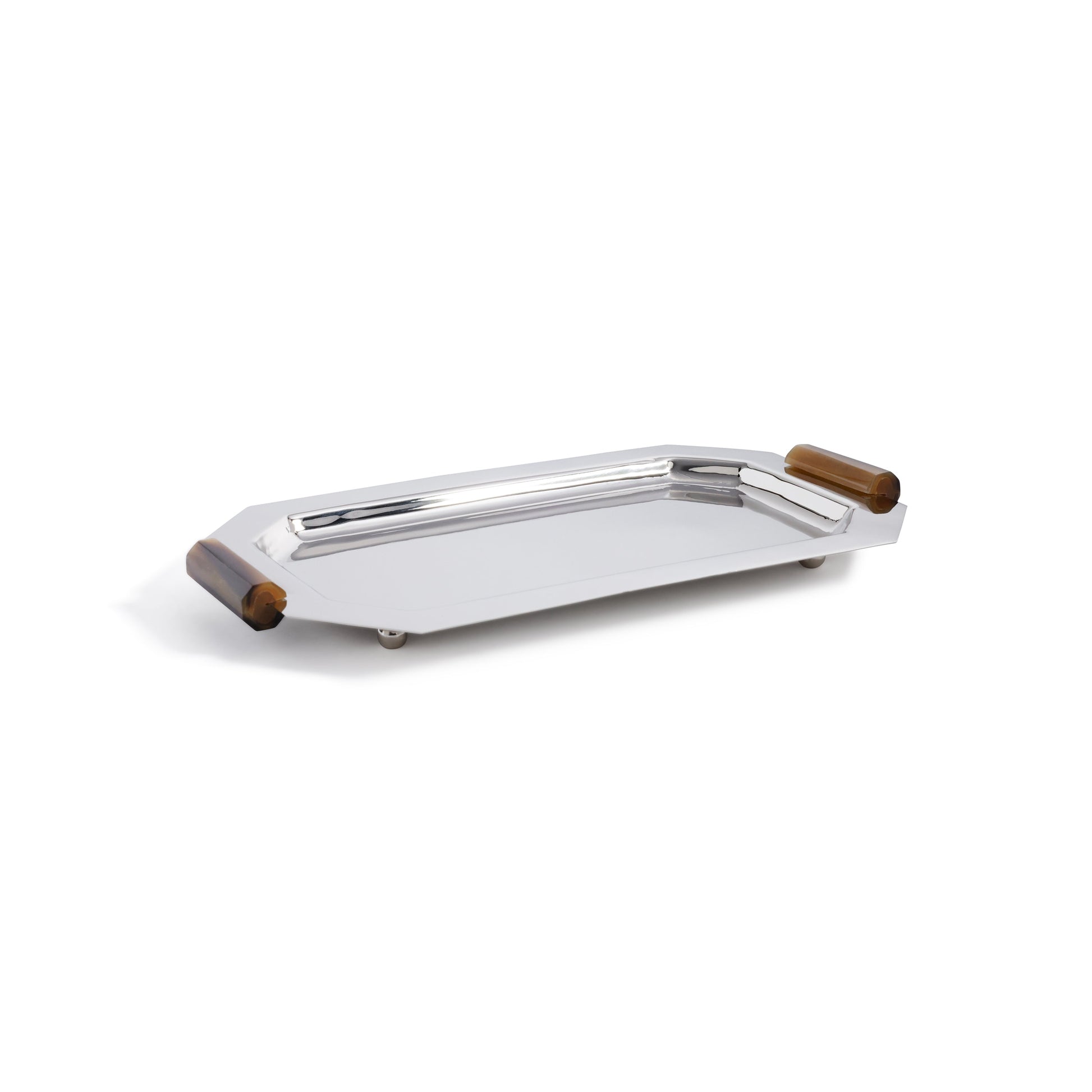 Metal tray with wooden ends on a white background