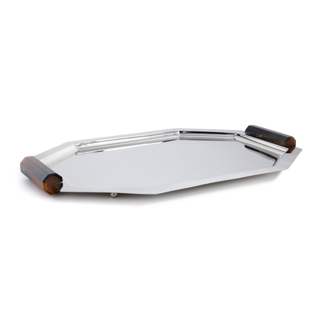 Hexagonal metal tray with wooden accents on a white background