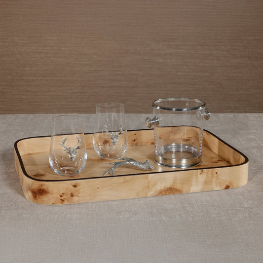 Wooden tray with glassware featuring deer designs on a neutral background