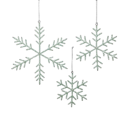 Three snowflake-shaped decorations hanging against a white background