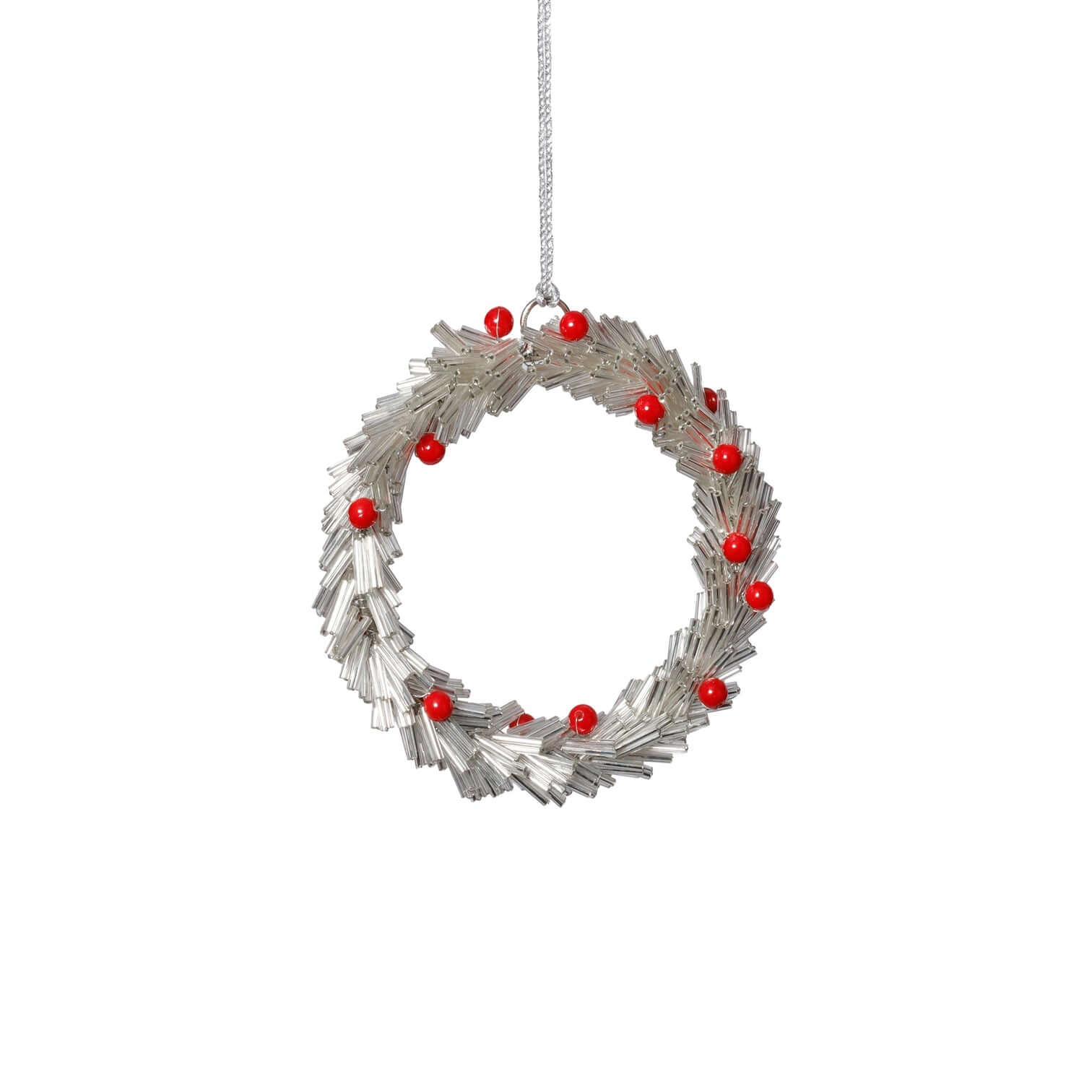 Beaded Wreath Ornament with Red Berries