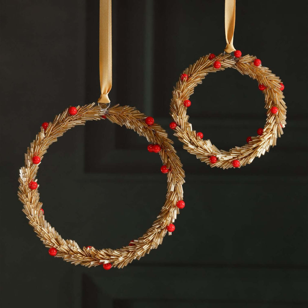 Beaded Wreath Ornament with Red Berries