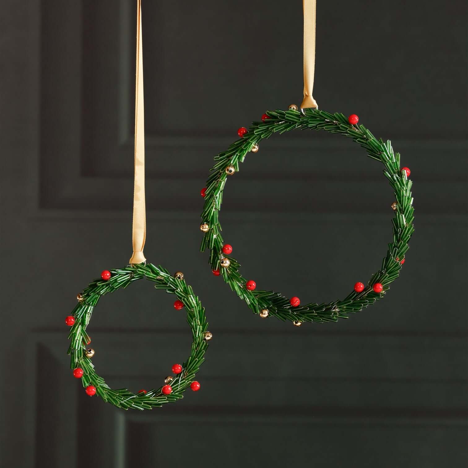 Beaded Wreath Ornament with Red Berries