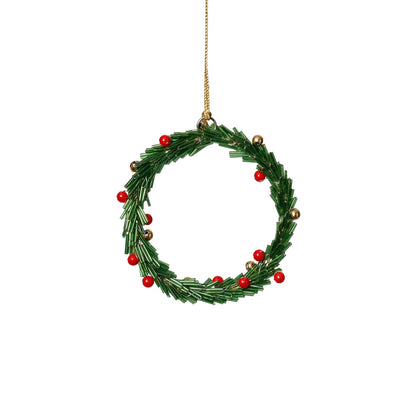 Beaded Wreath Ornament with Red Berries