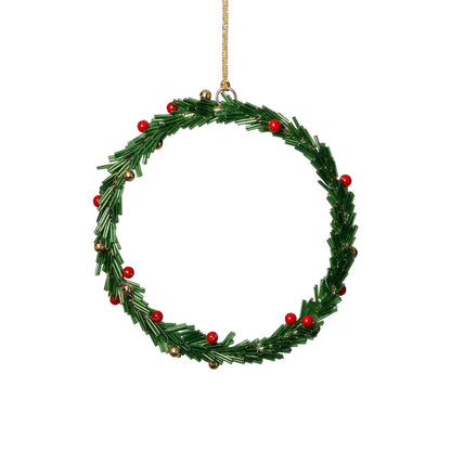 Beaded Wreath Ornament with Red Berries