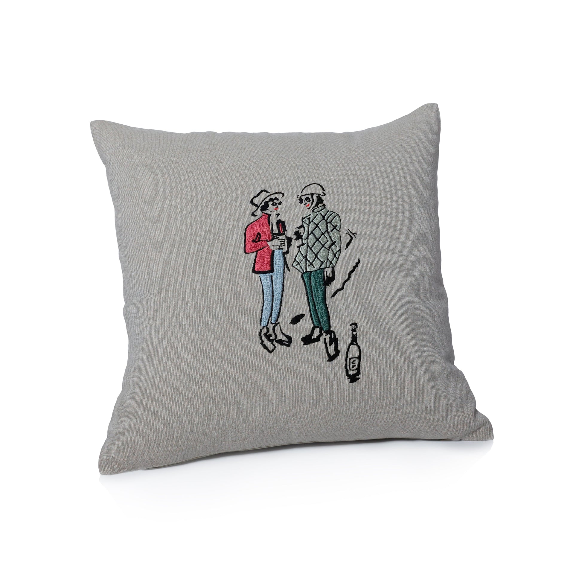 Gray pillow with a cartoon illustration of two people and a bottle on a white background