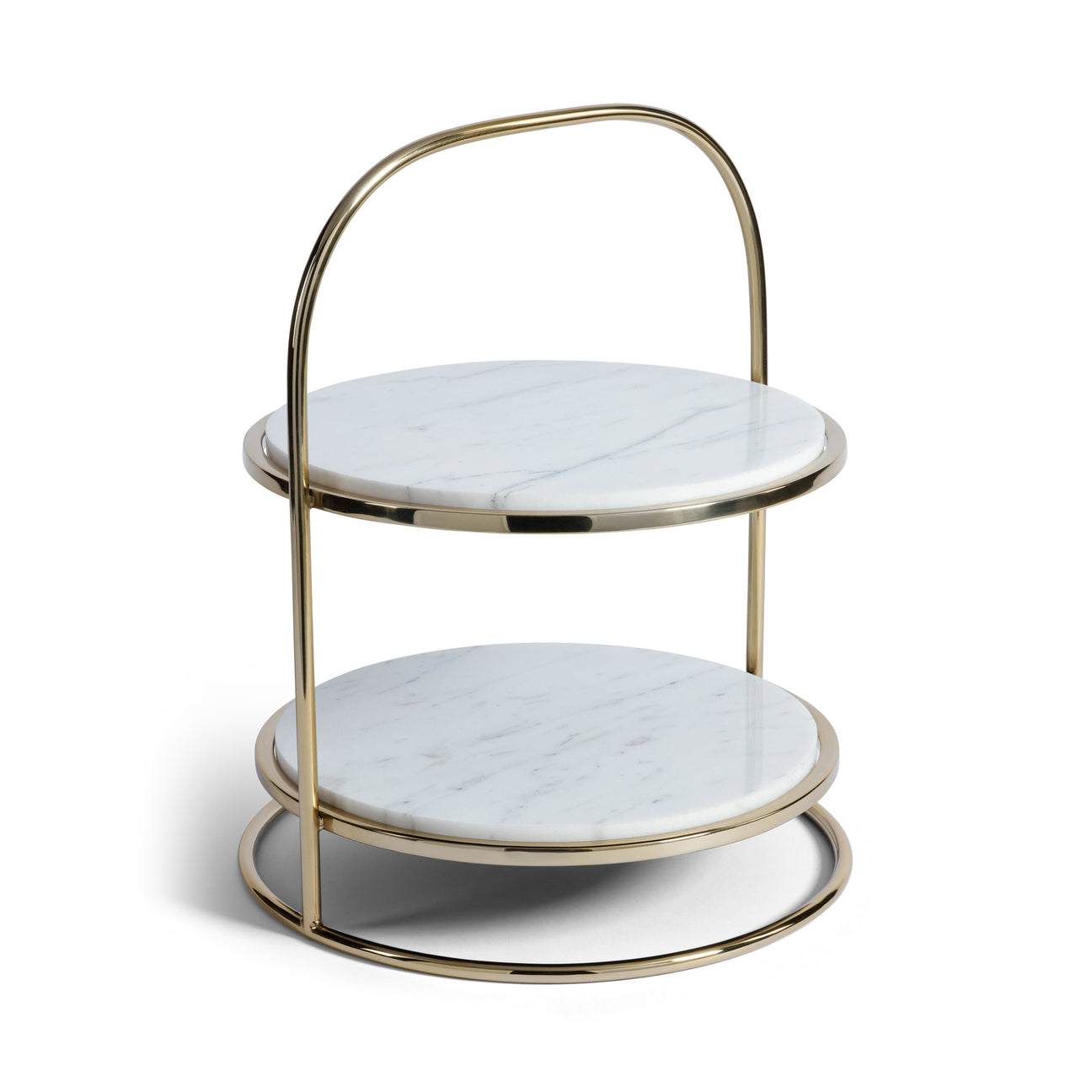 Two-tiered serving tray with marble-like surface and gold metal frame on a white background