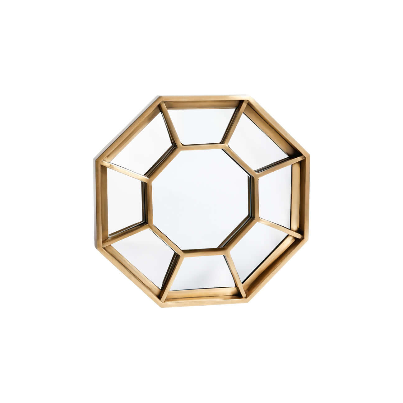 Celesta Hex Wall Mirror featuring a geometric spoke design in brushed brass with eight faceted panels.