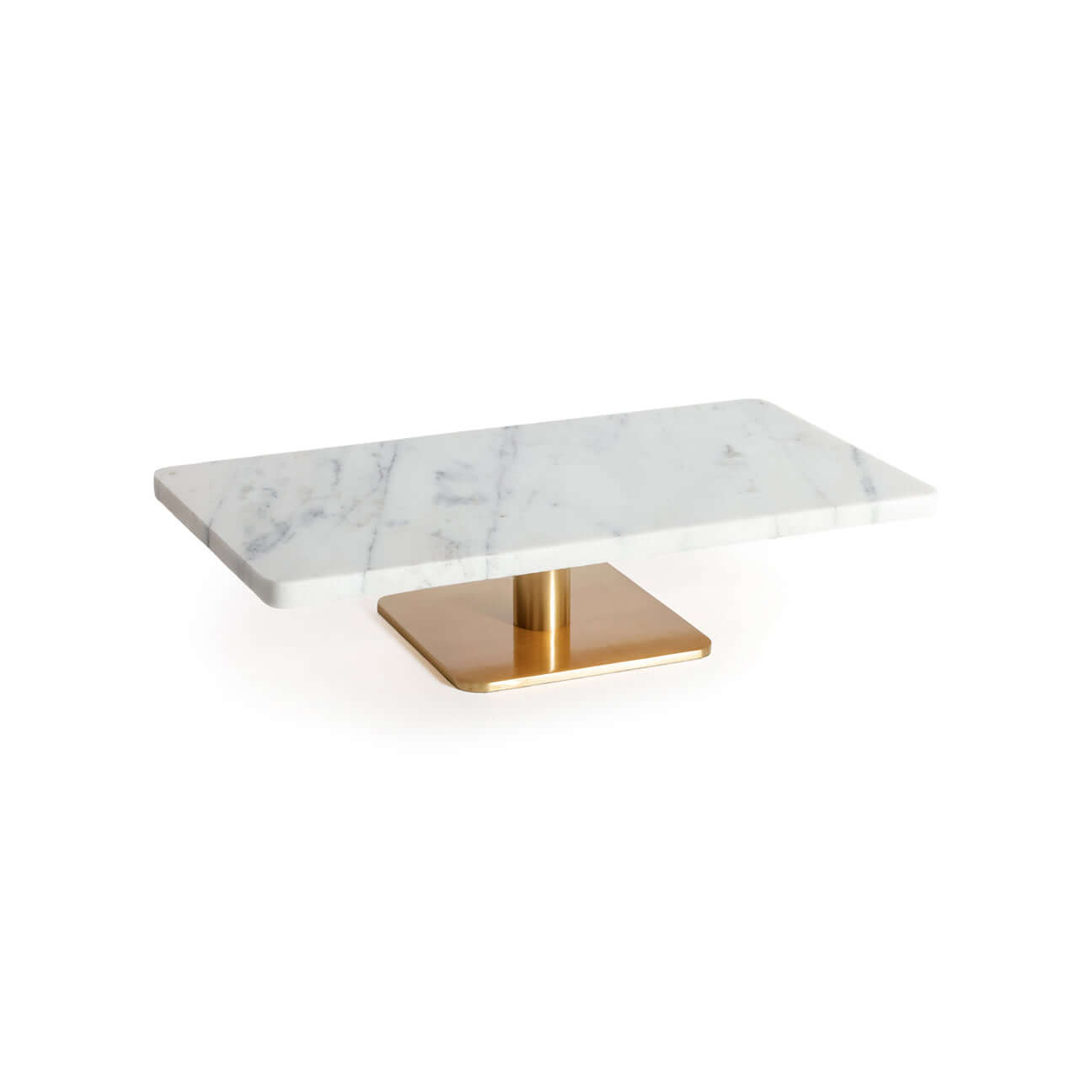 Bodega Cheese and Charcuterie Marble Serving Tray on a brushed brass pedestal with white Carrara marble.