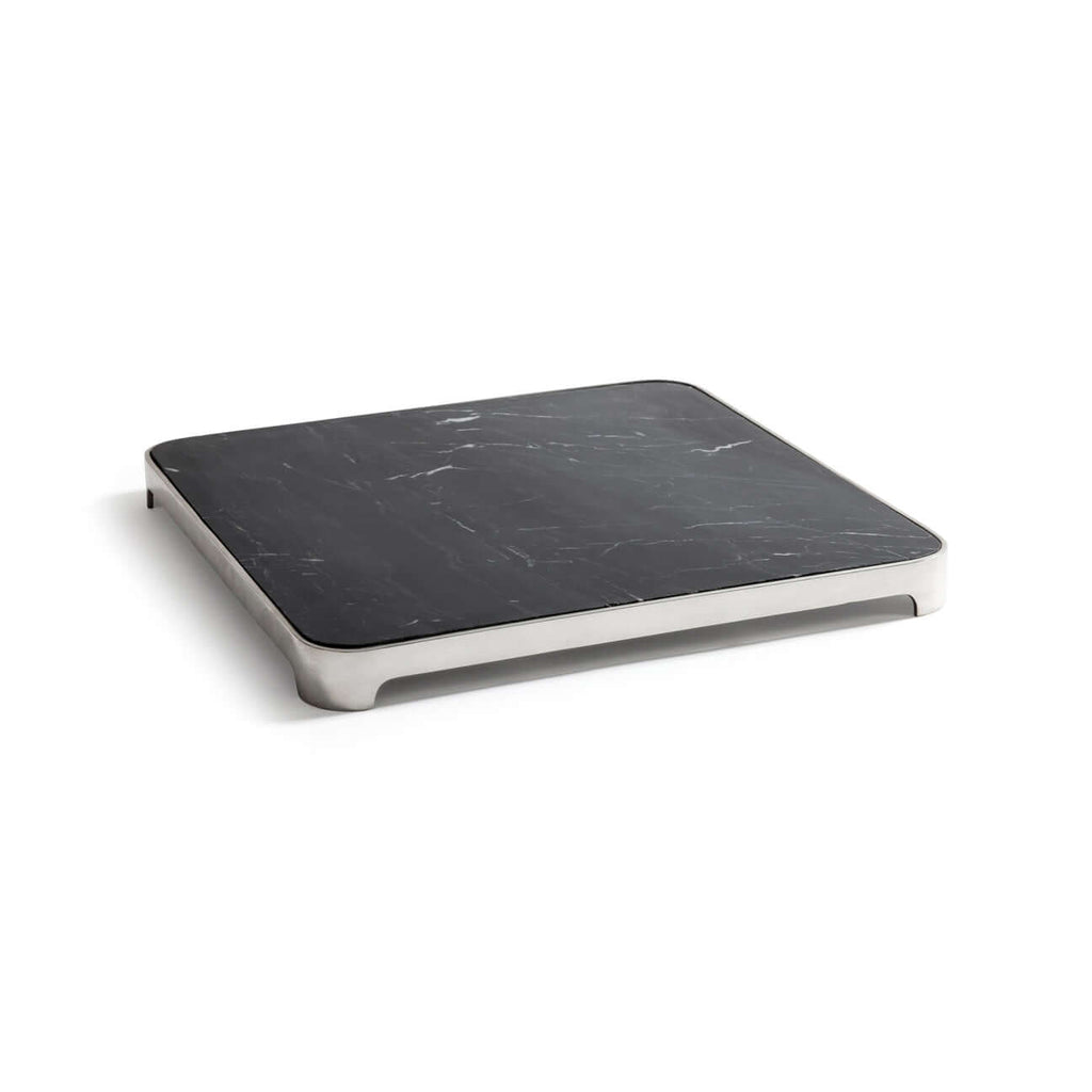 London Cheese and Charcuterie Marble Serving Tray on a white background, featuring black marble and stainless steel design.