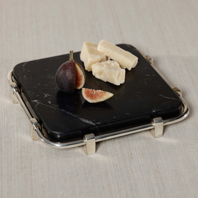 Ombra Cheese and Charcuterie Marble Serving Tray with figs and cheese on a polished nickel frame.