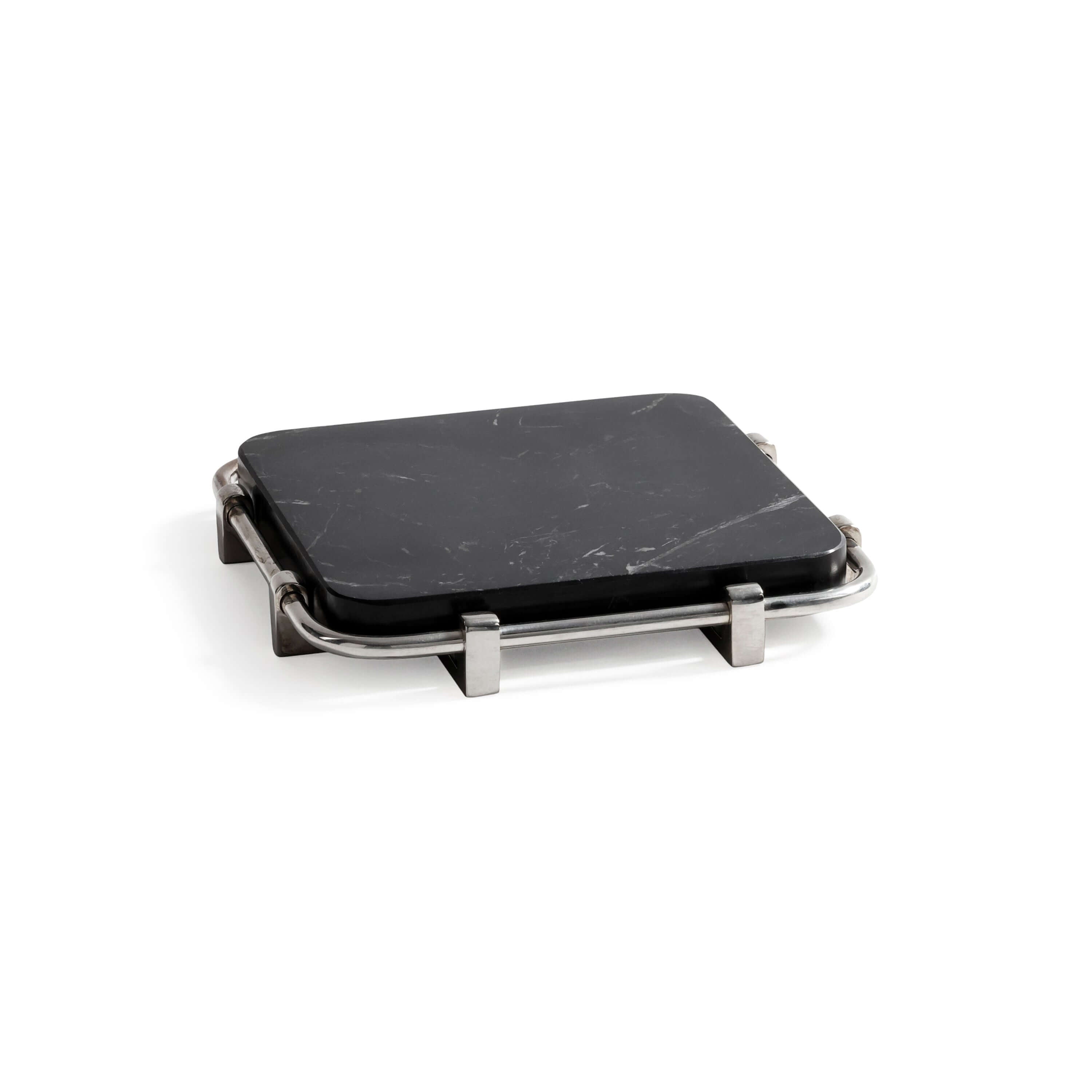 Ombra Cheese and Charcuterie Marble Serving Tray in nero marquina marble with polished nickel frame.