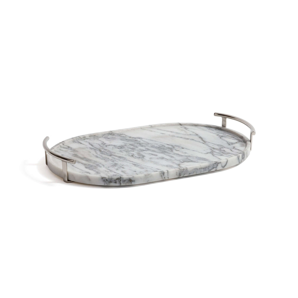 Luze Oval Marble Tray featuring natural marble with unique veining and sleek stainless steel handles.