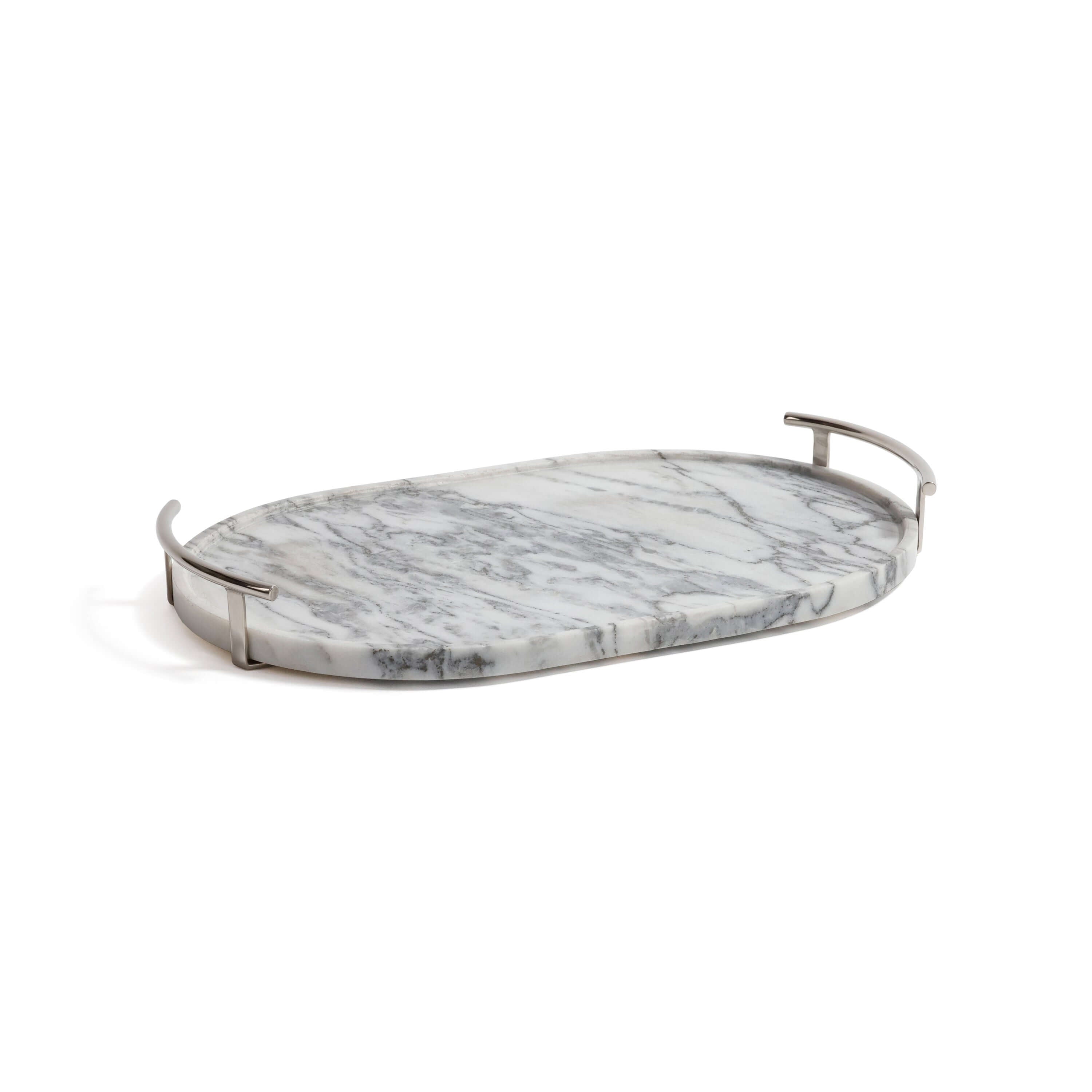Luze Oval Marble Tray featuring natural marble with unique veining and sleek stainless steel handles.