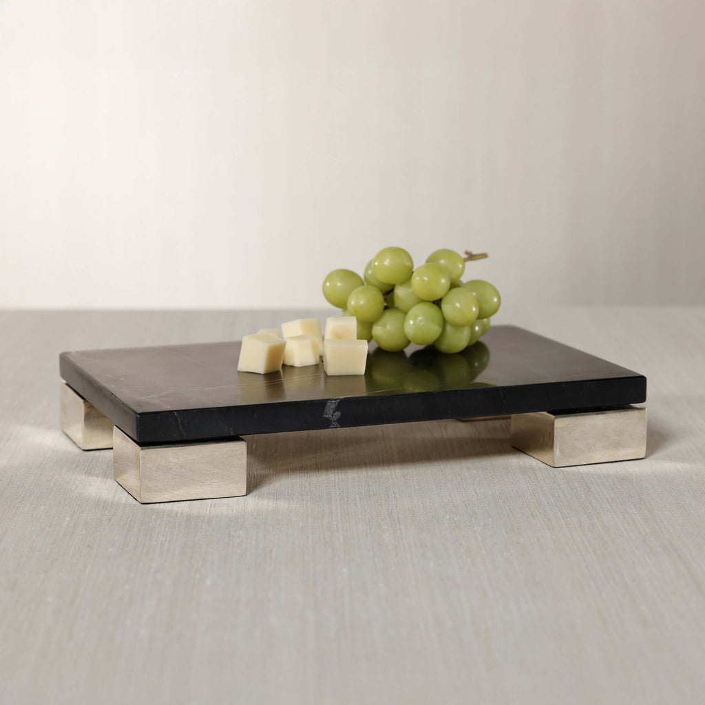 Roku Cheese and Charcuterie Marble Serving Tray featuring sleek black marble with stainless steel feet, perfect for appetizers.