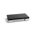 Roku Cheese and Charcuterie Marble Serving Tray featuring a sleek black marble surface and brushed stainless steel feet.