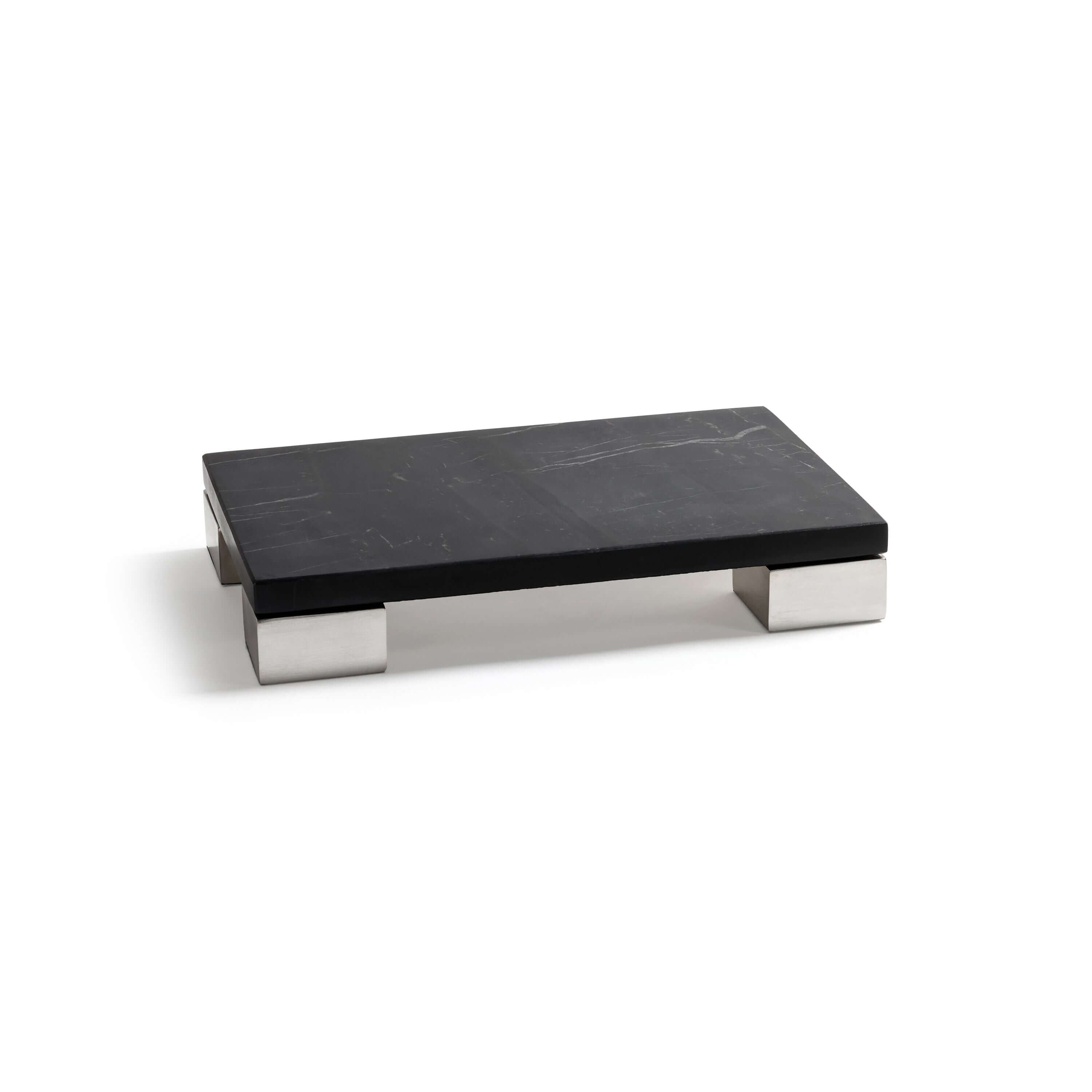 Roku Cheese and Charcuterie Marble Serving Tray featuring a sleek black marble surface and brushed stainless steel feet.