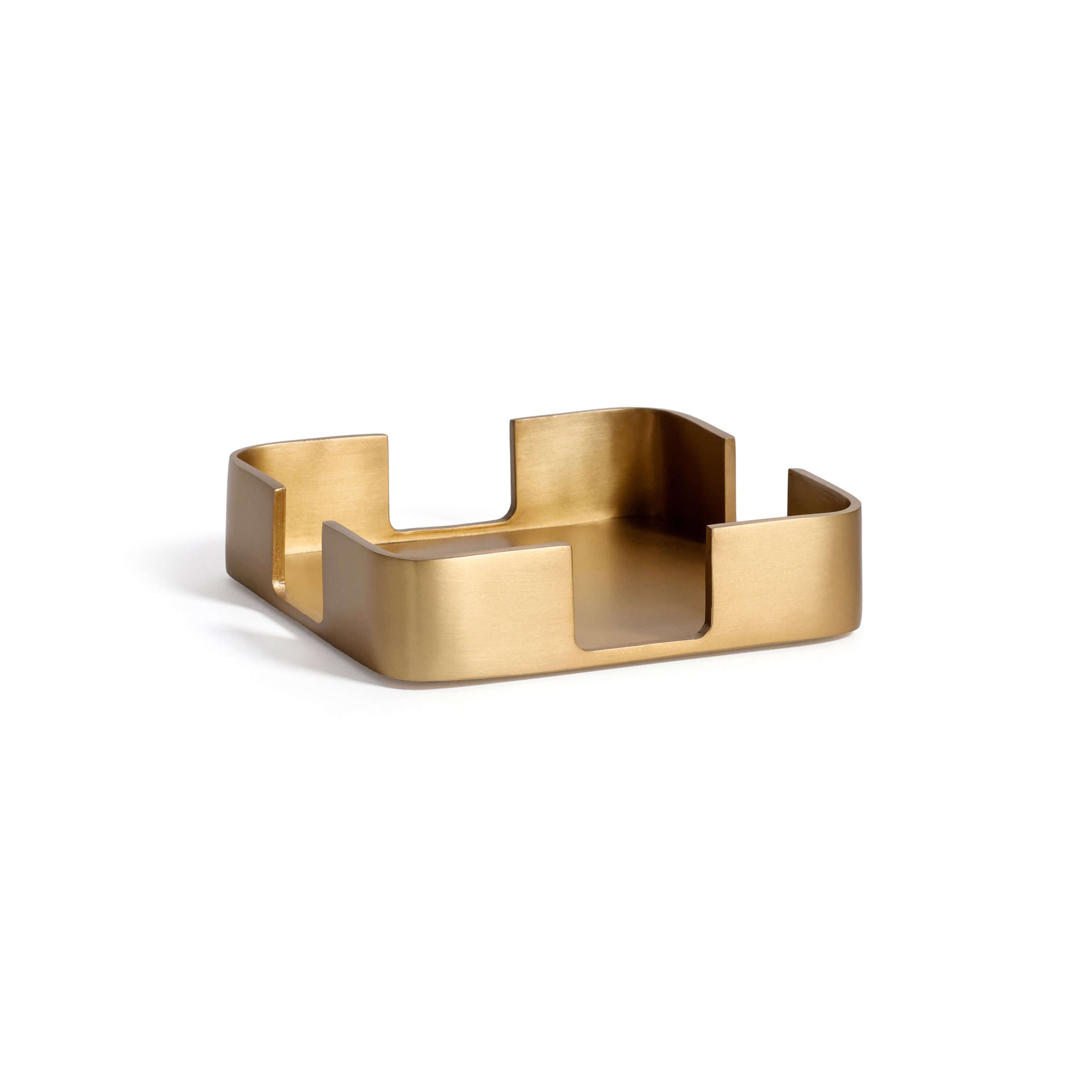 Gold Cocktail Napkin Holder in satin brushed gold finish with sculptural open-cut design for elegant table settings.
