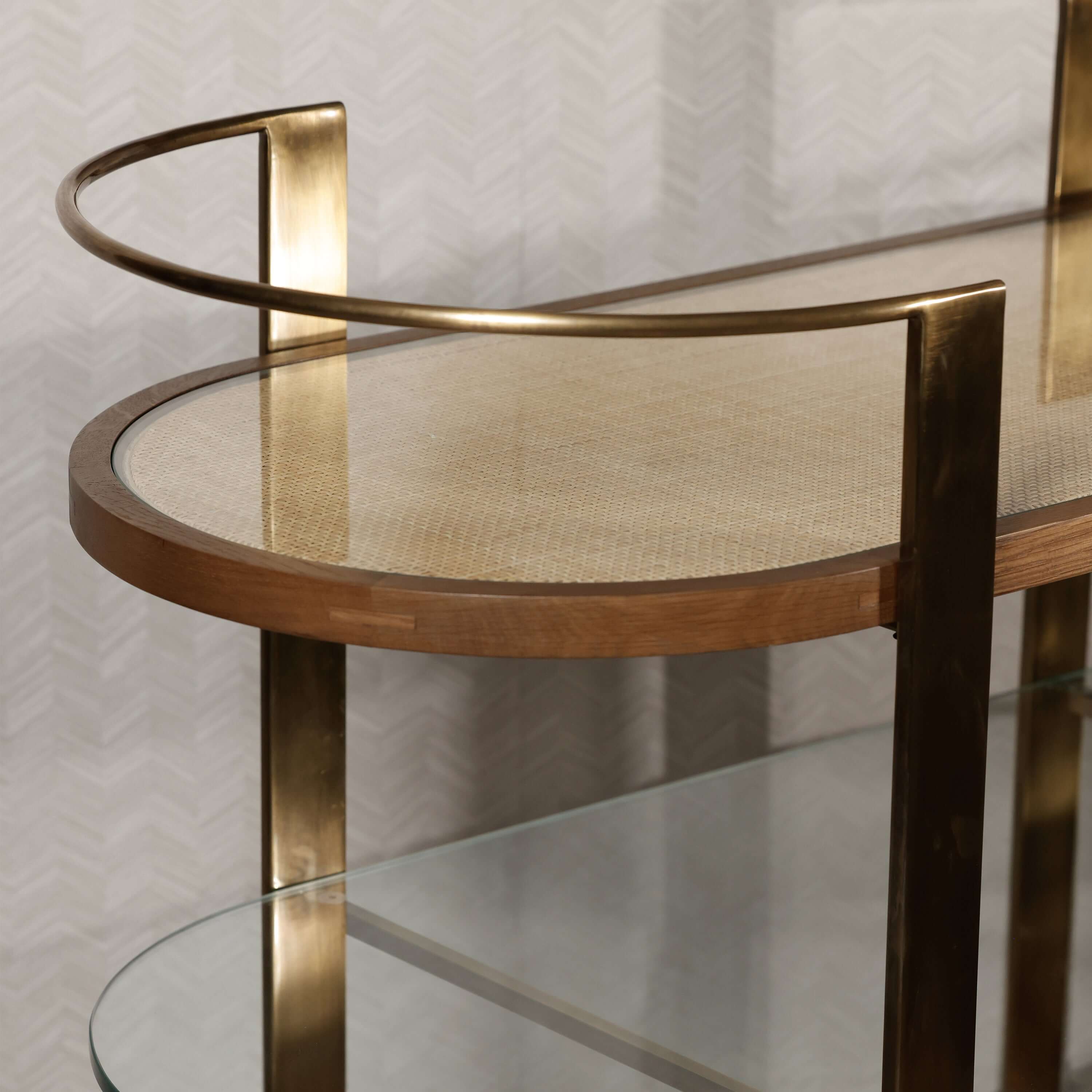 Sloane Oak Wood Oval Bar Cart top view showcasing antique brass finish and glass inset.