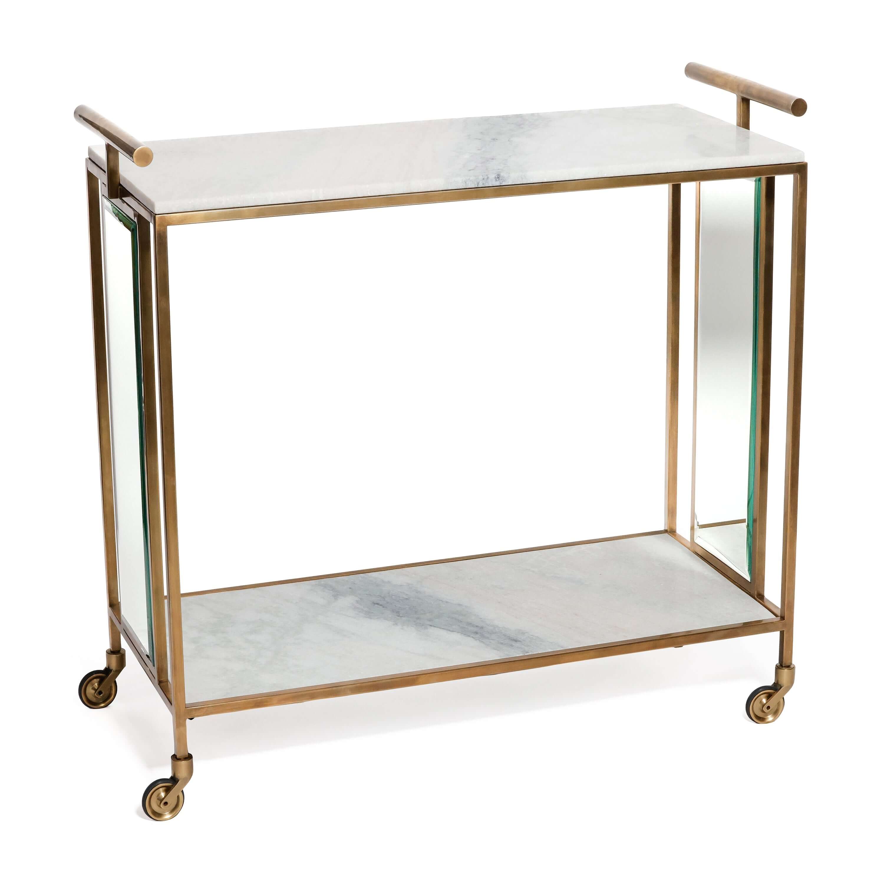 Soho Marble Bar Cart featuring white Carrara marble and brass-finished steel frame with glass panels.
