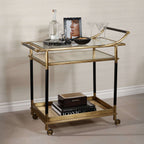 Mayfair 59 Bar Cart featuring a brass frame, glass top, and elegant decor accessories.