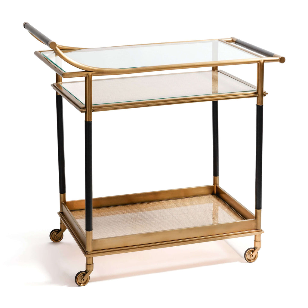 Mayfair 59 Bar Cart featuring an antique brass frame and black leather-wrapped posts, elegantly designed for luxury.