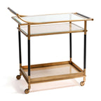 Mayfair 59 Bar Cart featuring an antique brass frame and black leather-wrapped posts, elegantly designed for luxury.