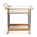 alt_tag: Mayfair 59 Bar Cart featuring an antique brass steel frame with black leather-wrapped posts.