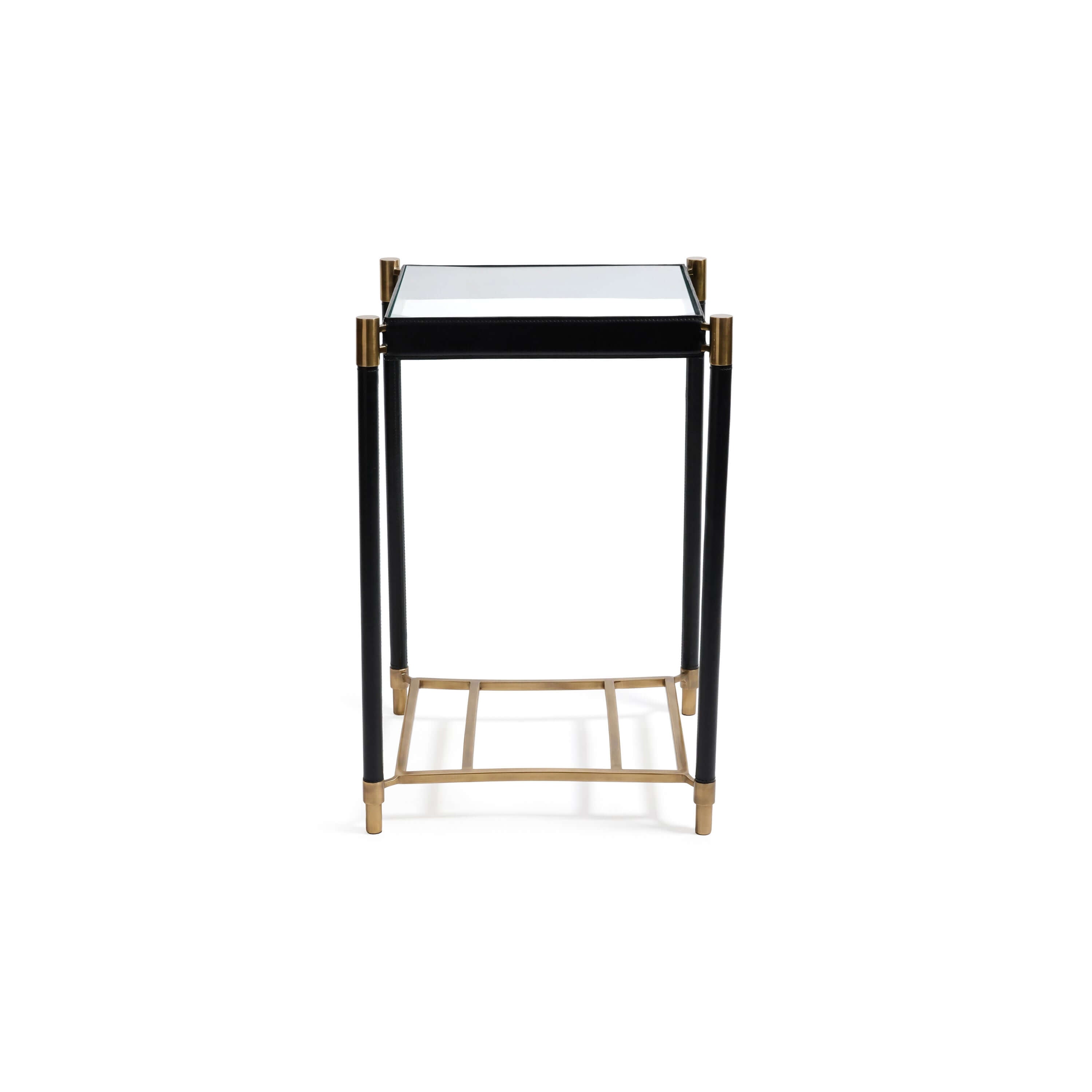 Park Lane 18 Leather Side Table featuring black leather legs and brass collar fittings.