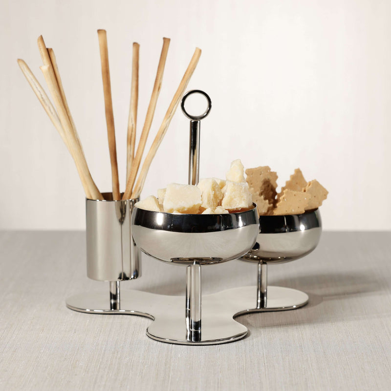 Locarno 3-Tier Condiment Set - PREORDER featuring polished bowls and serving sticks on a sculptural base.
