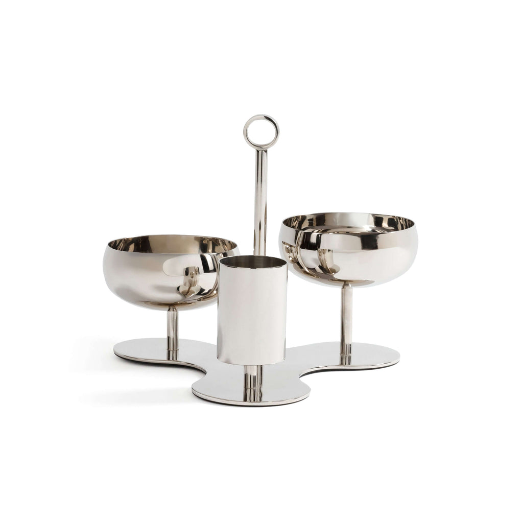 Locarno 3-Tier Condiment Set - PREORDER in polished silver with two bowls and a cylindrical holder.