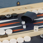 Monaco 19" Backgammon Set featuring dice and checkers on a stylish playing field.