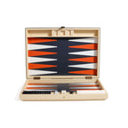 Monaco 19" Backgammon Set opened, featuring vibrant burnt orange and soft white points on a deep graphite board.
