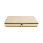 Monaco 19" Backgammon Set in a natural raffia case with leather edging and brass stud closure.