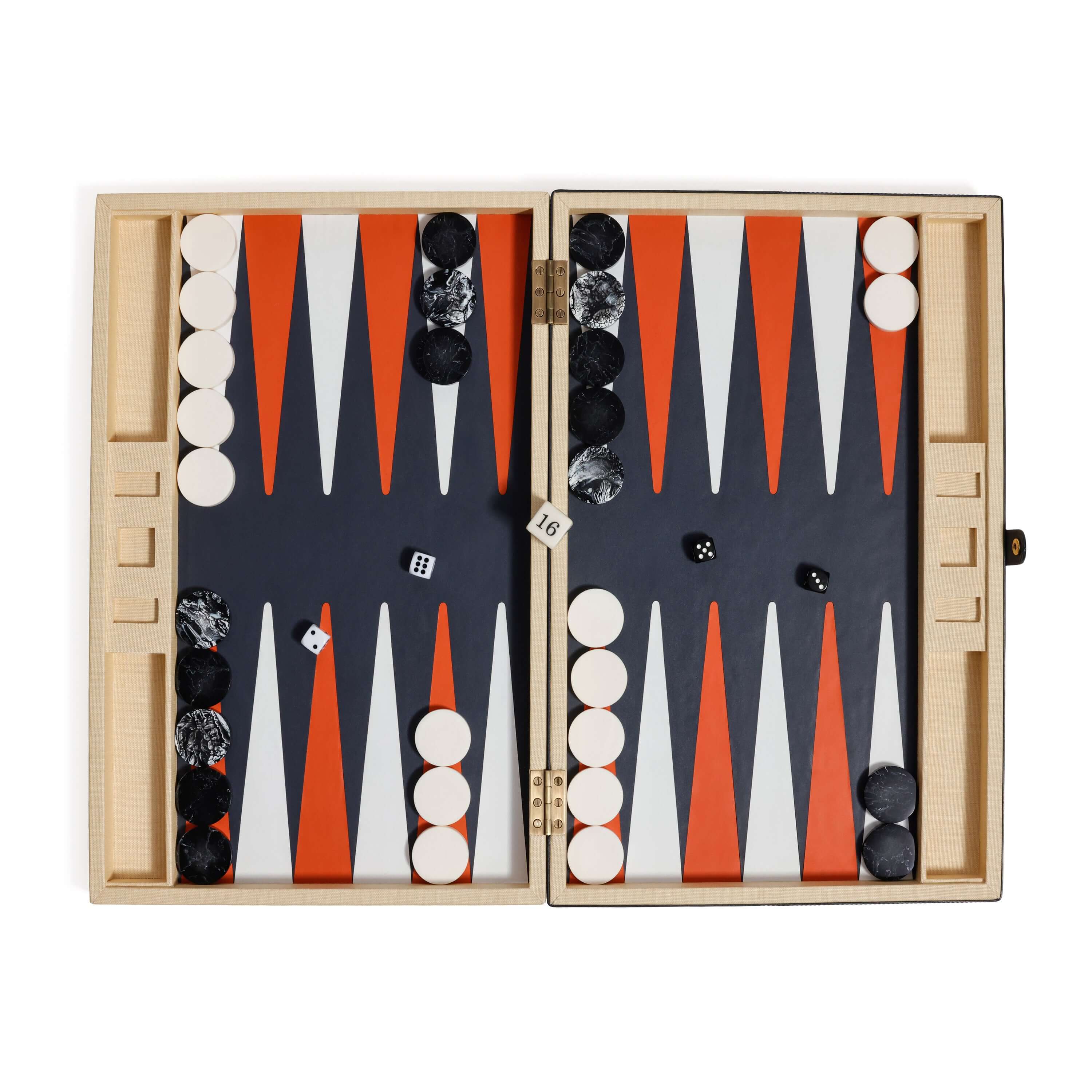 Monaco 19" Backgammon Set showcasing the dramatic game board with burnt orange and soft white points.
