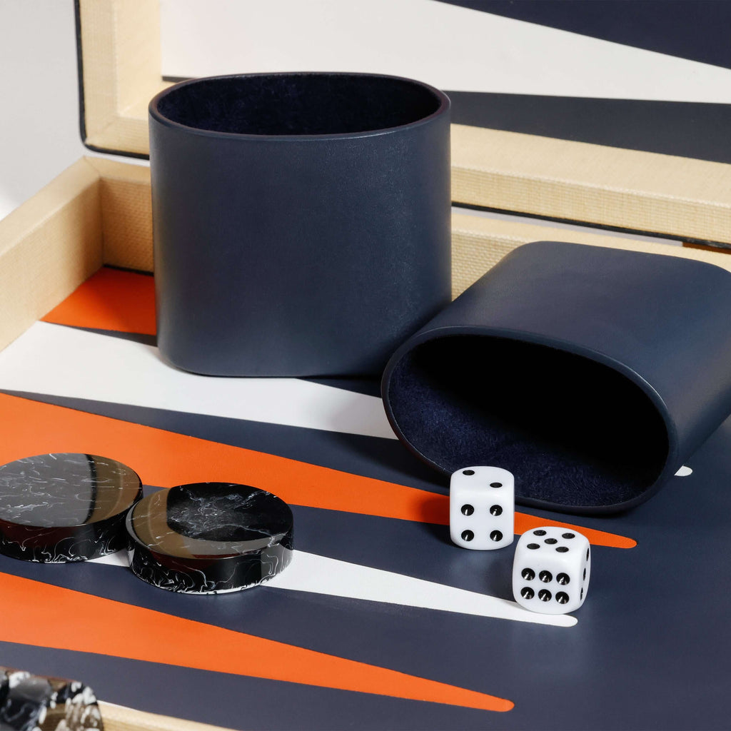 Monaco 19" Backgammon Set featuring navy containers, dice, and elegant playing pieces on a vibrant board.