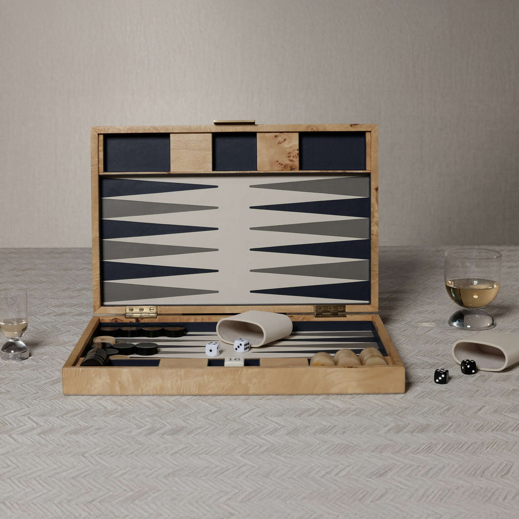 Marbella Backgammon Set featuring burl wood veneer and elegant design elements.