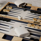 Marbella Backgammon Set with burl wood veneer, chic design, dice, and game pieces on a stylish board.