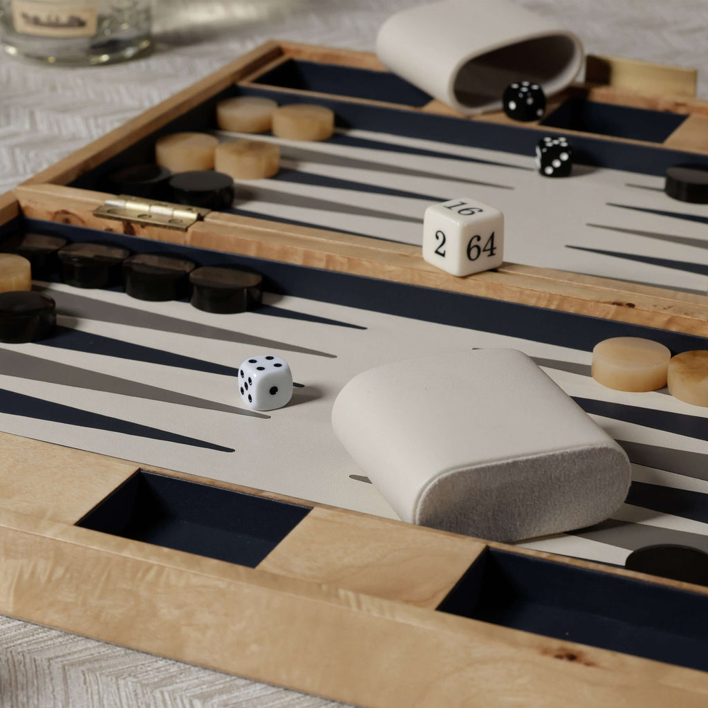 Marbella Backgammon Set displayed with unique burl wood veneer and dice, showcasing its elegant design and craftsmanship.