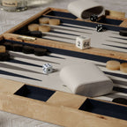 Marbella Backgammon Set displayed with unique burl wood veneer and dice, showcasing its elegant design and craftsmanship.