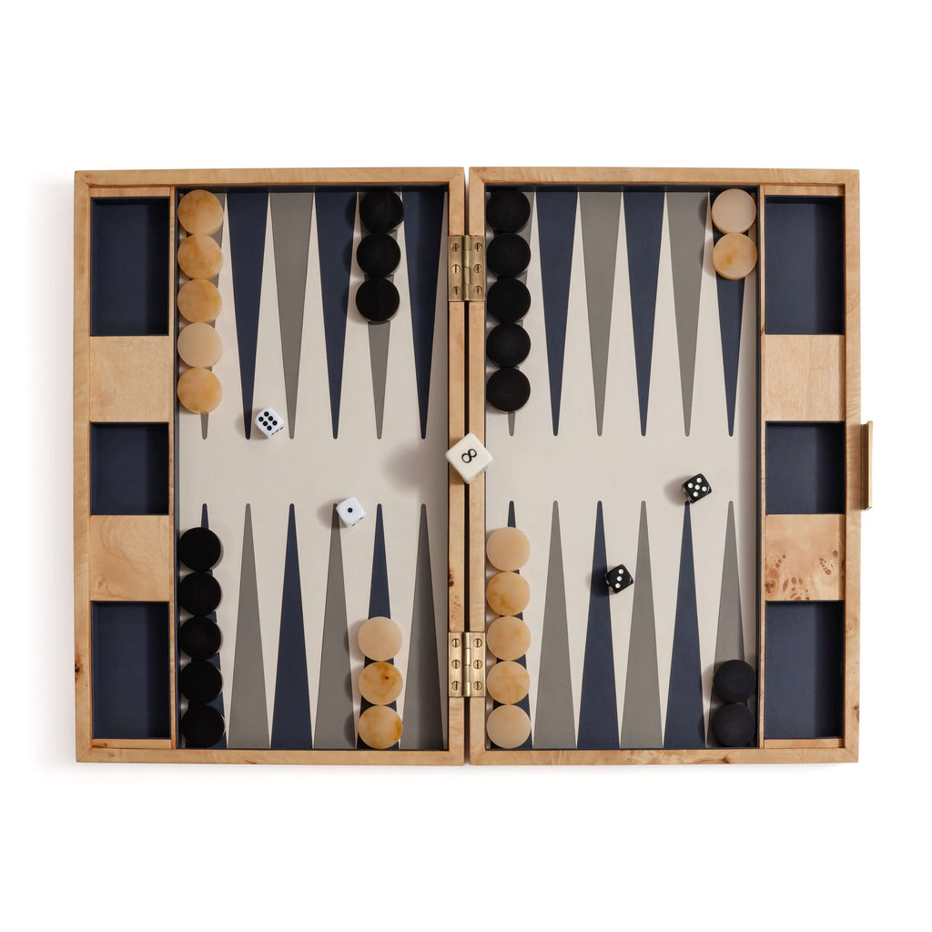 Marbella Backgammon Set displayed open, showcasing burl wood veneer and unique swirling grain patterns.
