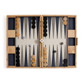 Marbella Backgammon Set displayed open, showcasing burl wood veneer and unique swirling grain patterns.