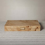 Marbella Backgammon Set in burl wood veneer showcasing warm honey and amber grain pattern.